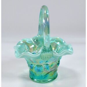1991 Gibson Green Opalescent Glass Basket‎ 6" Vintage